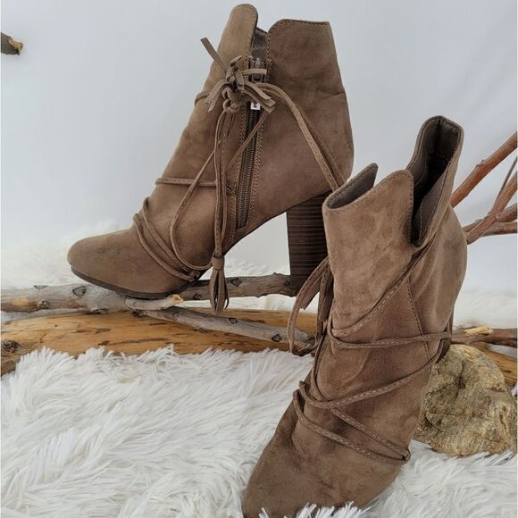 Breckelles faux suede heeled boots with wrap around cord - Picture 1 of 11